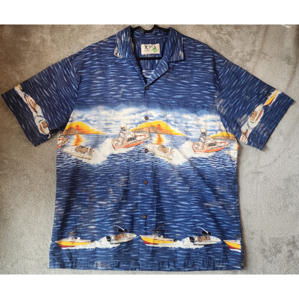 KY'S Shirt Mens XL Blue Hawaiian Motorboat Sunset Fishing Boat Made In Hawaii